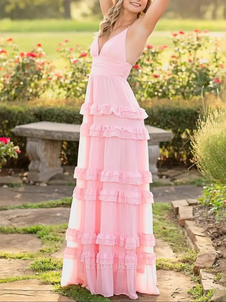 A Line V-Neck Spaghetti Straps Ruffles Pink formal dresses Bridesmaid Dresses evening gown Prom Dress
